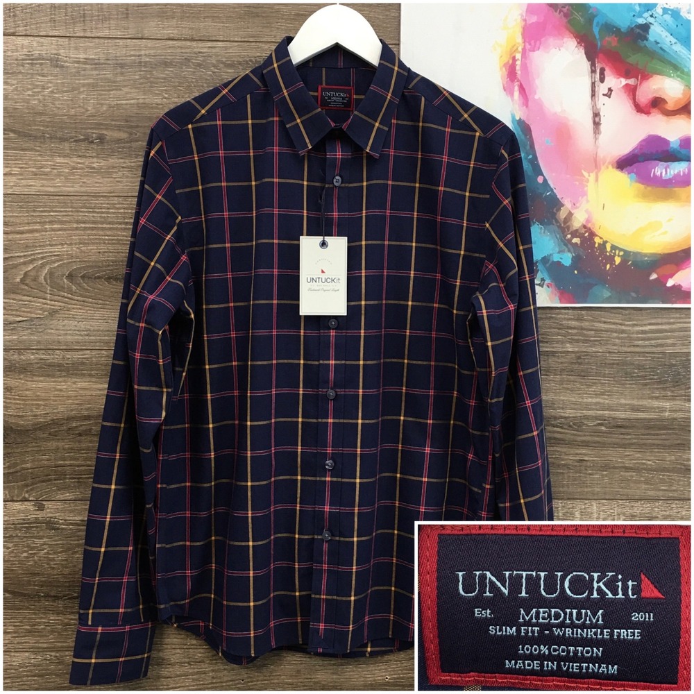 NEW! UNTUCKit Georgio Navy Plaid Slim Fit Wrinkle Free Cotton Shirt Mens Medium